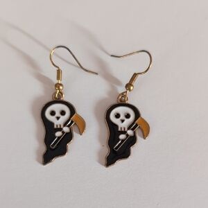 Ghost Grim Reaper Dangle Earrings in Black, White & Gold
